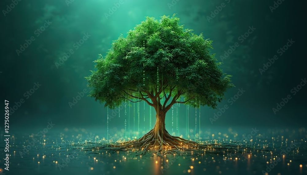 Poster symbolic illustration of tree with digital roots, branches. tree represents knowledge, modern tech. 