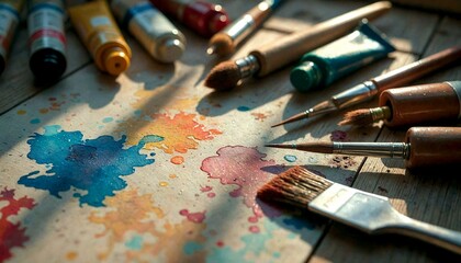 Fototapeta premium Paintbrushes and Paint Tubes on Wooden Surface with Watercolor Stains