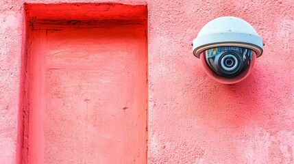 Security camera mounted on a vibrant pink wall, highlighting urban surveillance in action