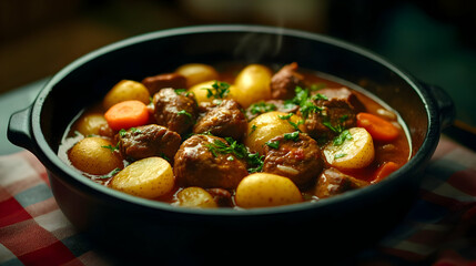 A warm, hearty stew filled with tender meat, potatoes, and colorful vegetables, perfect for a comforting meal.