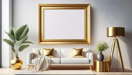 Golden Frame in a Bright Interior Mockup Elegance Radiating Warmth and Vibrancy Amidst a Modern Living Space, Perfect for Home Decor or Digital Art