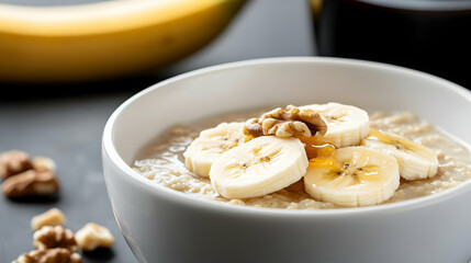 A wholesome bowl of oatmeal topped with banana slices and walnuts, perfect for a healthy breakfast or snack.