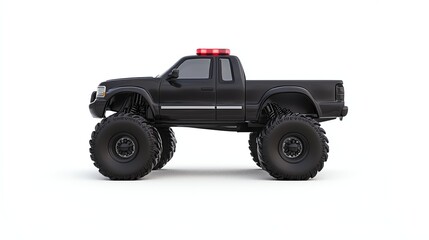 Black monster truck with oversized tires and a light bar, isolated on a white background, ideal for automotive and transportation themes.