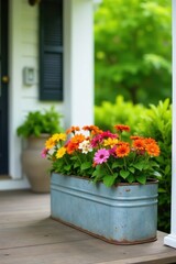Obraz premium Vibrant multicolored daisies blooming in a rustic weathered metal planter box on a wooden porch