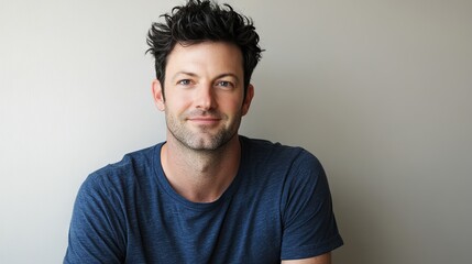 Young man smiling warmly, soft light enhancing his cheerful expression, minimal background.