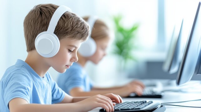 Young boy focused on elearning, utilizing headphones and computer for online education digital literacy