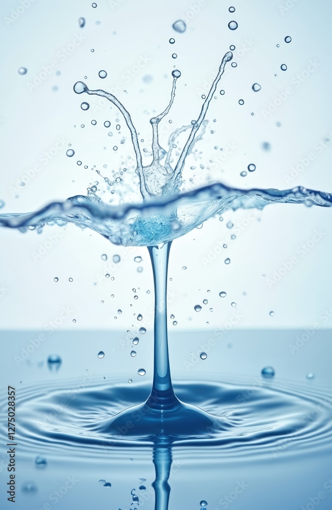 Poster close-up of water splash with drop collision. liquid stream motion with ripples on surface, clear, t