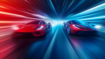 Dynamic shot of two high-speed cars racing in vibrant colors, capturing the essence of speed and adrenaline.