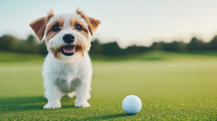 Cute Dog Standing on Golf Course with Golf Ball Nearby