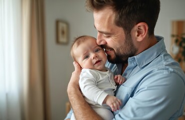 Bearded dad holds baby in arms. Father embraces child, showing affection. Parent enjoy time with newborn, demonstrates love, care. Happy parenthood concept, tenderness, family values.