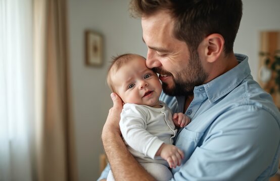 Bearded dad holds baby in arms. Father embraces child, showing affection. Parent enjoy time with newborn, demonstrates love, care. Happy parenthood concept, tenderness, family values.