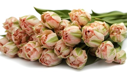 Pale Pink & Green Tulips Bouquet Against White Background