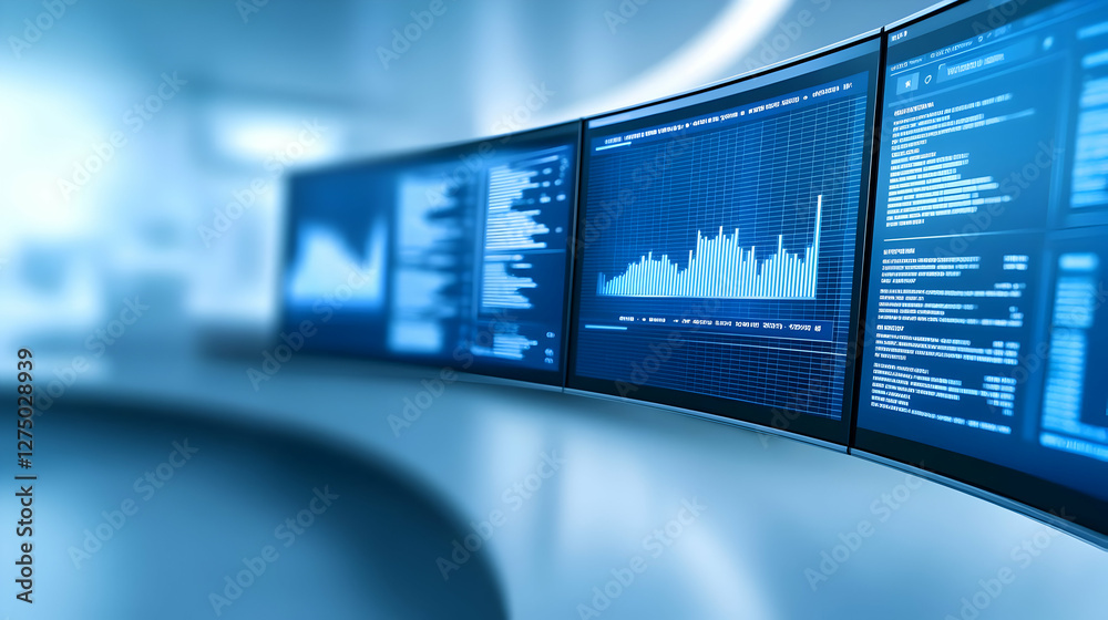 Poster futuristic workspace featuring multiple screens displaying data and graphs, ideal for tech and busin