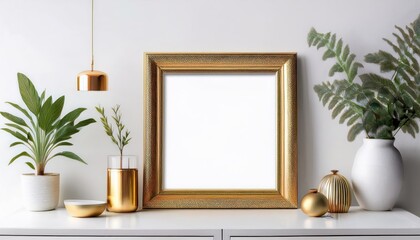 Golden Frame Elevating White Furniture Interior Opulent Home Decor and Design Mockup with Luxurious Aura, Perfect for Poster Prints and Printable Artwork on at3