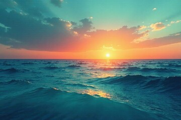 Serene Ocean Sunset  Waves Gently Rolling Towards the Horizon as the Sun Dips Below