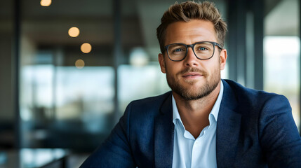 Obraz premium Professional businessman wearing glasses in a modern office setting, showcasing confidence and focus.
