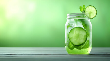 Refreshing cucumber drink with mint, set against a vibrant green background. Perfect for summer hydration.