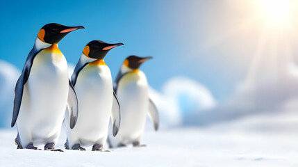 Three majestic penguins standing on snow under a bright blue sky, showcasing the beauty of wildlife in its natural habitat.