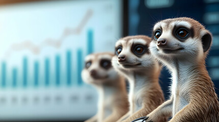 Three meerkats sitting together with a backdrop of financial graphs, symbolizing teamwork and observation in business.