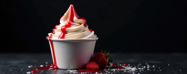 Takeaway cup filled with creamy milk ice cream topped with strawberry sauce and empty black background, ice cream, take away
