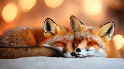 Fototapeta premium Two adorable foxes nestled together, exuding warmth and tranquility in a cozy, dreamy setting with soft lights.