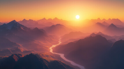Obraz premium A breathtaking view of the sun rising over a vast mountain range, with layers of mist rolling through the valleys
