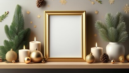 Elegant Christmas Mockup Poster Frame Showcasing a Cozy Shelf adorned with Festive Ornaments, Candles, and Vintage Aesthetic for Holiday Decor or Home Design