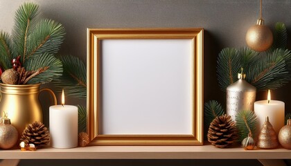 ChristmasThemed Mockup Poster Frame Showcasing a Cozy Shelf with Christmas Ornaments, Candle, and a Golden Frame Against a Winter Backdrop, Embracing Festive Warmth and Elegance.