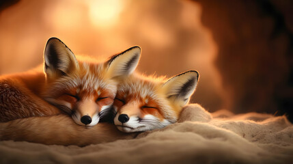 Obraz premium Two peaceful foxes sleeping together in a warm, cozy environment with soft lighting.