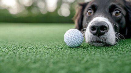 Playful Golden Retriever Nudge with Golf Ball on Green Grass