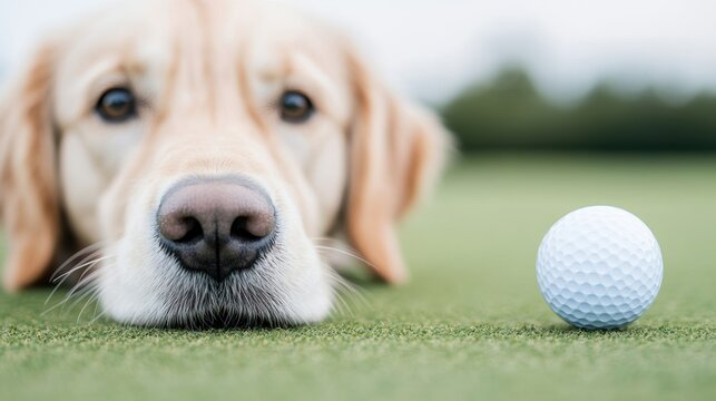 Playful Golden Retriever Nudge Golf Ball on Green Grass