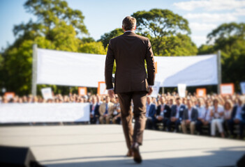 Obraz premium businessman walking on stage at corporate outdoor event