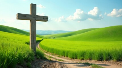 Wooden Cross in Serene Green Field Landscape, Pathway Leading to Distant Hills Under a Sunny Sky