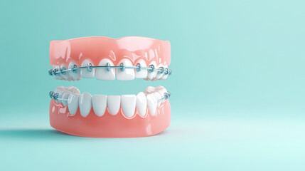 Obraz premium 3D render of dental braces on upper and lower teeth, showcasing orthodontic treatment. braces are metallic and teeth are bright and healthy, set against soft blue background