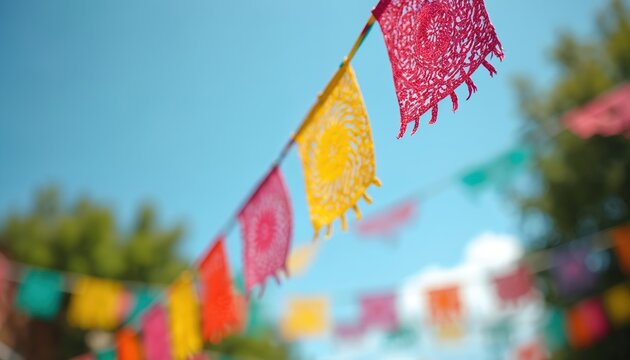 Fototapeta Festive colorful paper garland flags hang on street with bright blue sky. Decorations for Cinco de Mayo, Mexican fiesta. Celebrating traditional holidays, cultural heritage. Outdoor decor with