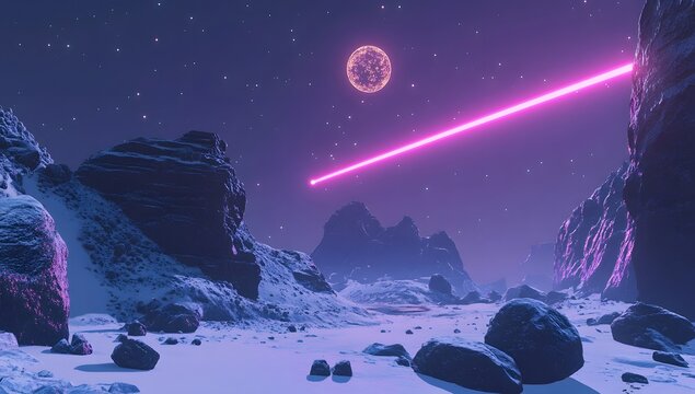 Alien landscape, laser beam, night sky, distant moon