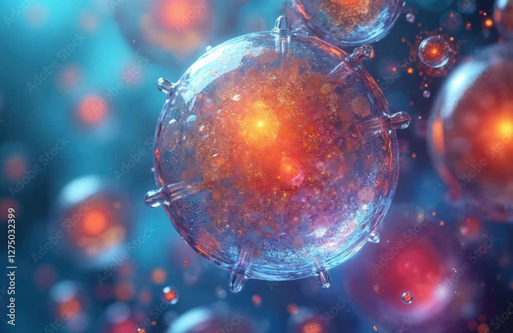 Poster abstract colorful stem cell illustration under microscope view. generative ai art, bright microbiolo