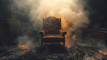 Armchair in a dark room with smoke and fog