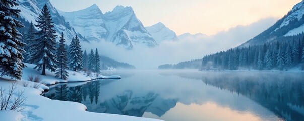 Winter spruce forest frozen lake misty air icy mountains, air, lake, winter