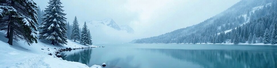 Obraz premium Winter spruce forest frozen lake misty air icy mountains, air, spruce