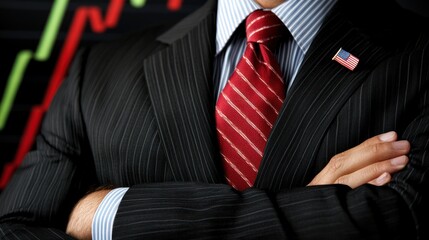 American Businessman, Confident Stance, Financial Success, Stock Market, Pinstripe Suit, Red Tie, USA Flag Pin