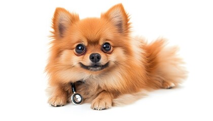 Obraz premium Pomeranian dog wearing stethoscope while lying down on white background