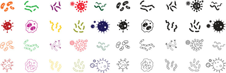 Virus and bacteria icon set. Vector collection isolated poster for healthcare education. Pathogenic bacteria viruses and microbes. Disease-causing Colorful bacterium type microorganism infection.