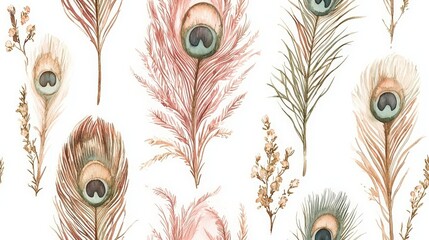 Seamless watercolor pattern with peacock feathers and tropical leaves – elegant hand-painted Boho Design for textiles, wallpaper, and prints
