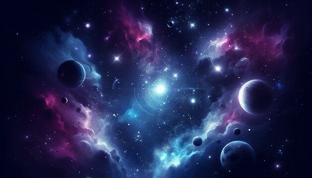 A vibrant cosmic landscape with planets and nebulae.