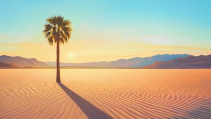 Serene Desert Landscape with Palm Tree at Sunset – Tranquil Sand Dunes
