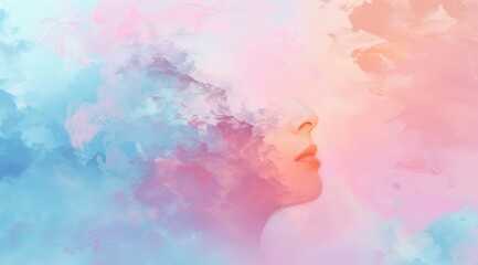 Female portrait painted with colorful clouds, dreamy background. For mental health concepts