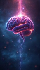 Cosmic brain illustration. Neural galaxy, stars and nebulae in abstract space. Ai digital mind, intellect anatomy. Light beam from cosmos illuminates future tech, communication, mental health.