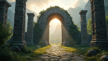 Majestic stone gate with light through pillars in mountain landscape. Old arch as mysterious portal to world. Mediaeval architecture, nature create ancient structure. Fantasy surreal scene with