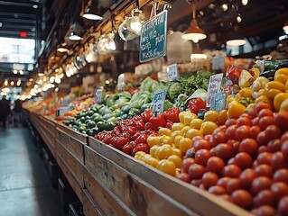 Fresh produce market display, vibrant colors, bustling marketplace
